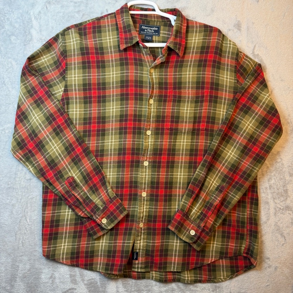Abercrombie & Fitch Flannel Shirt Men XL Red Olive Plaid Outdoors Hiking Granola
